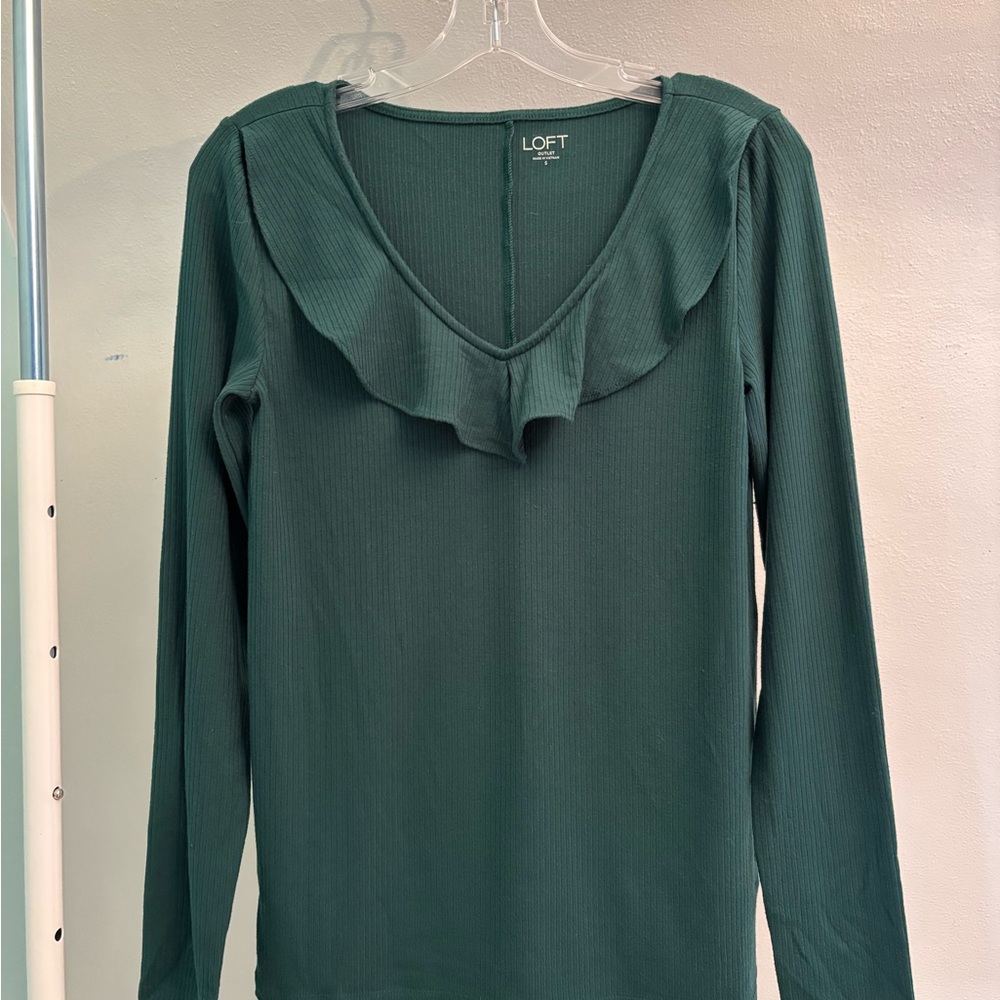 LOFT Deep Green Ruffle V-Neck Blouse